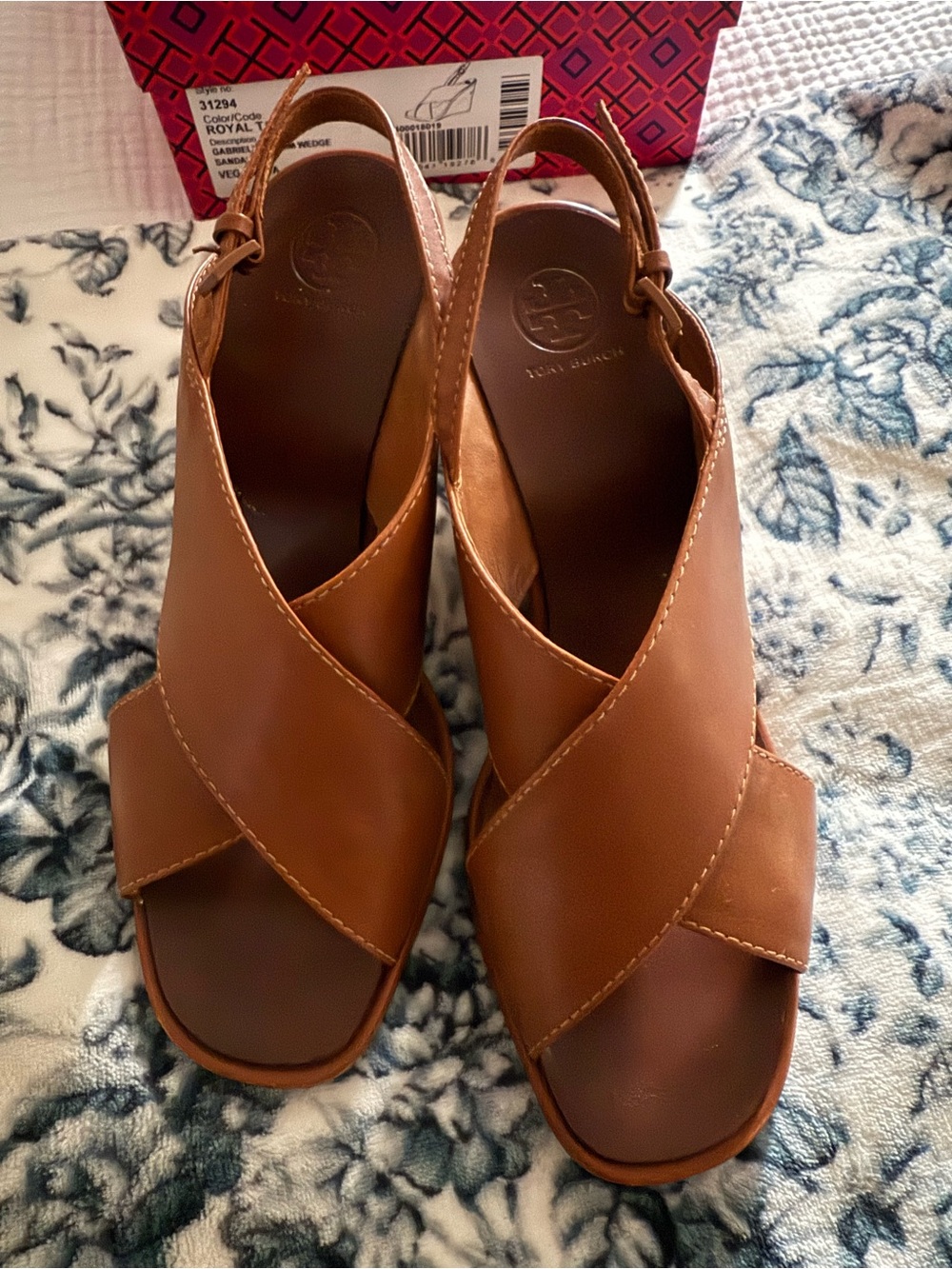 Tory Burch Cognac Leather Crisscross Slingback Wedges